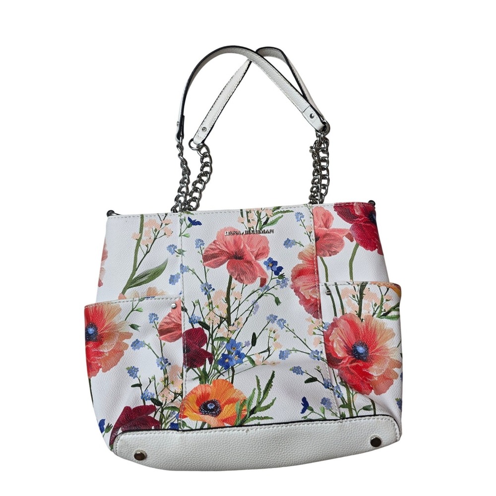 Dana Buchman Floral Poppy Tote Bag White Faux Leather Silver Chain Shoulder E1